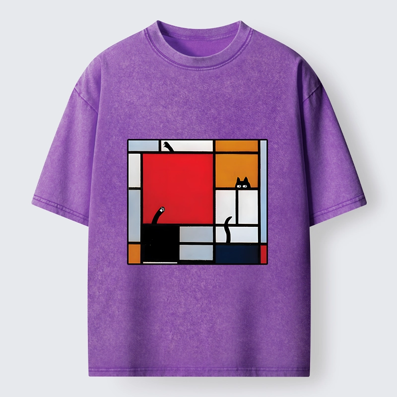 Tokyo-Tiger Geometric Cat Hide And Seek Washed T-Shirt