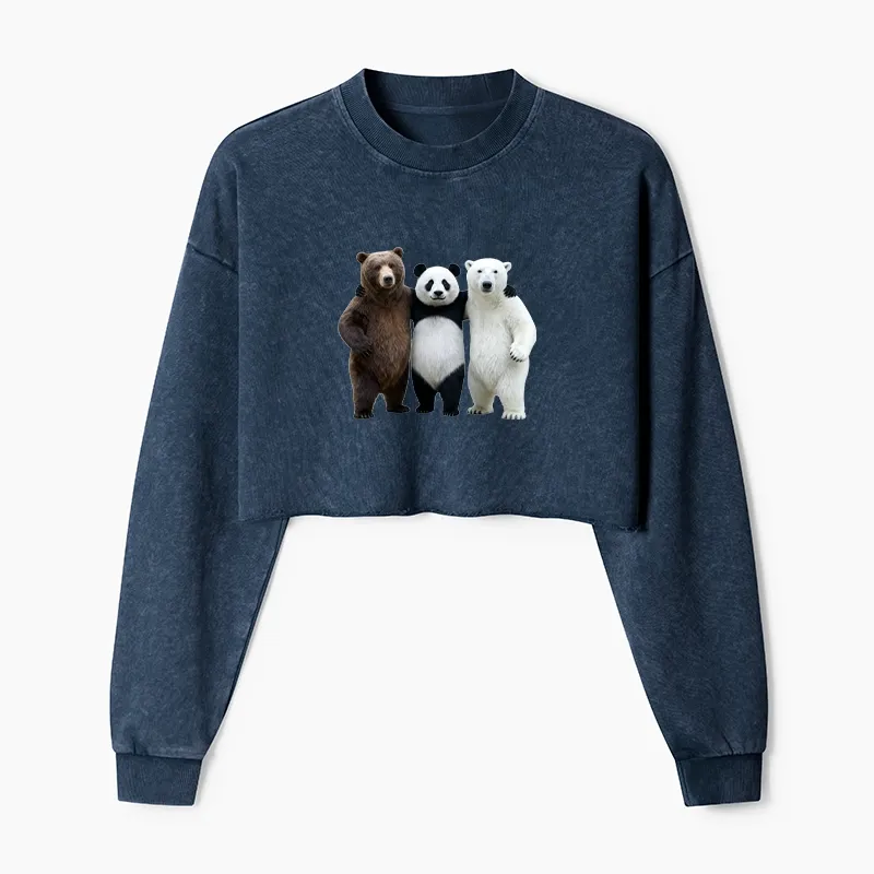 Tokyo-Tiger Three Bears Stand Together Washed Crop Sweatshirt