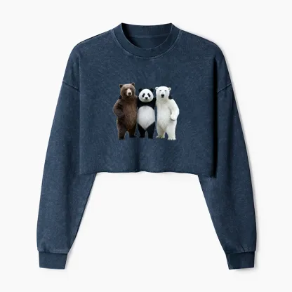 Tokyo-Tiger Three Bears Stand Together Washed Crop Sweatshirt