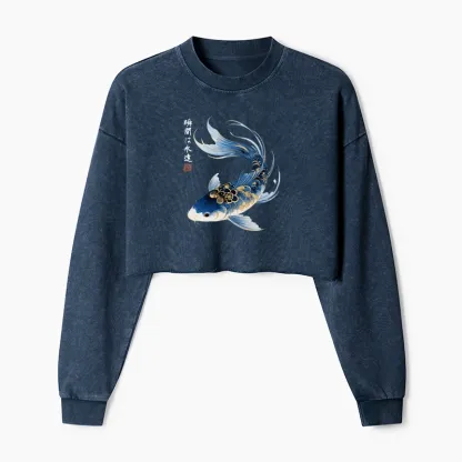 Tokyo-Tiger Elegant Koi Fish Watercolor Art Washed Crop Sweatshirt