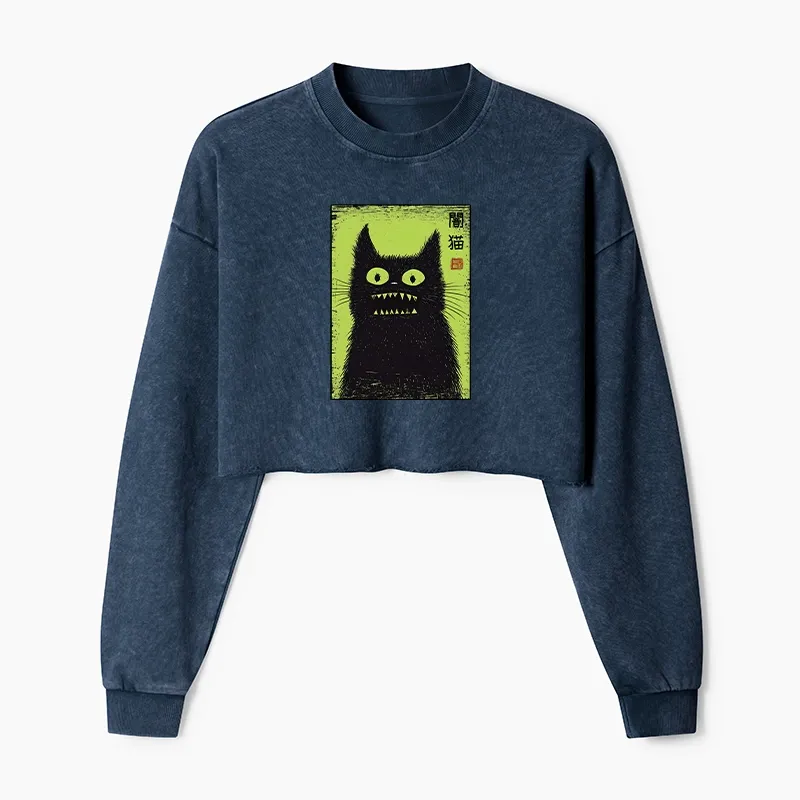 Tokyo-Tiger Spooky Black Cat Japanese Washed Crop Sweatshirt