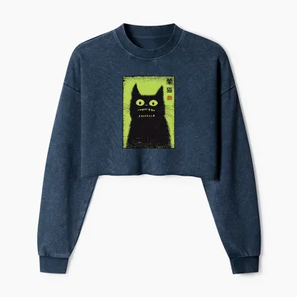 Tokyo-Tiger Spooky Black Cat Japanese Washed Crop Sweatshirt