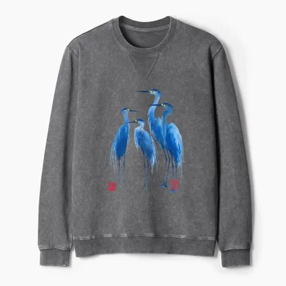 Tokyo-Tiger Flocks Of Great Blue Herons Washed Terry Sweatshirt
