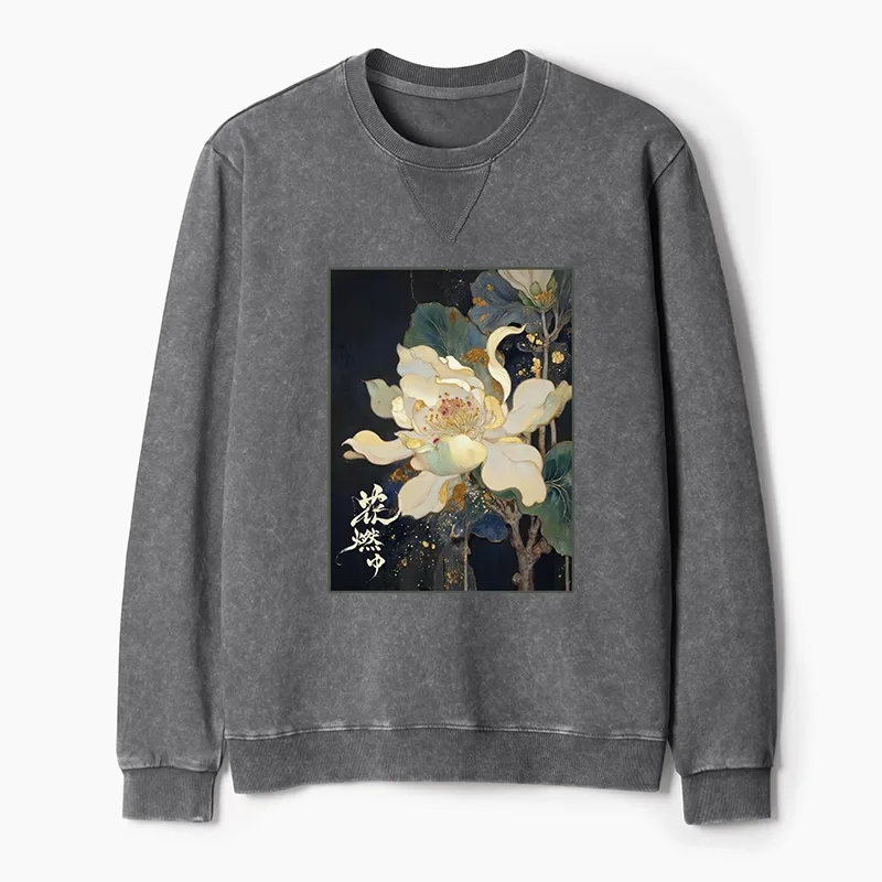 Tokyo-Tiger Lotus Adorned With Golden Specks Washed Terry Sweatshirt