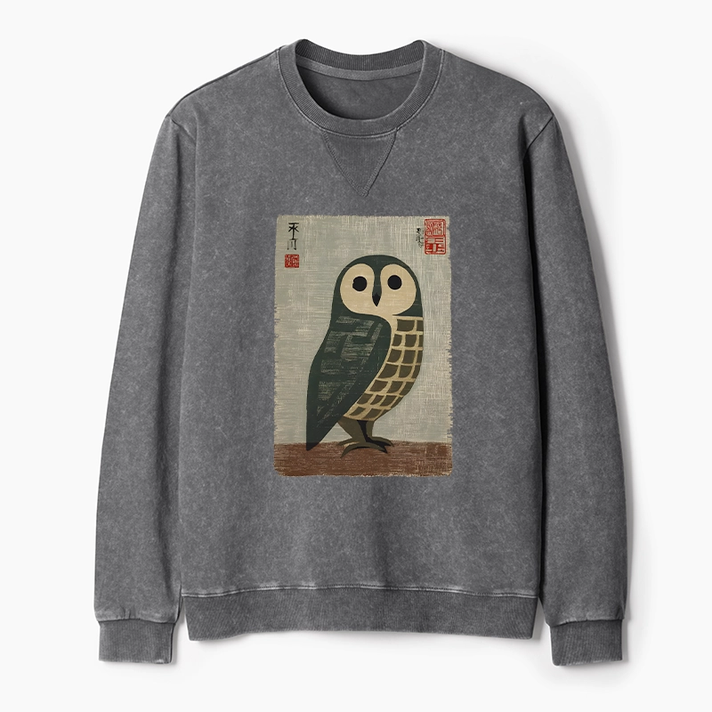 Tokyo-Tiger Traditional Owl In Japanese Art Washed Terry Sweatshirt
