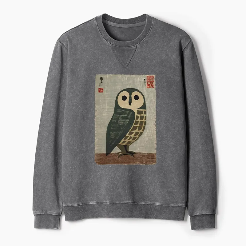 Tokyo-Tiger Traditional Owl In Japanese Art Washed Terry Sweatshirt Sale