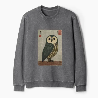 Tokyo-Tiger Traditional Owl In Japanese Art Washed Terry Sweatshirt