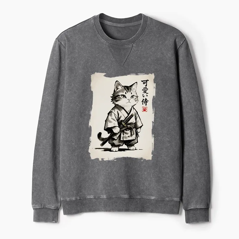 Tokyo-Tiger Japanese Samurai Cat Illustration Washed Terry Sweatshirt