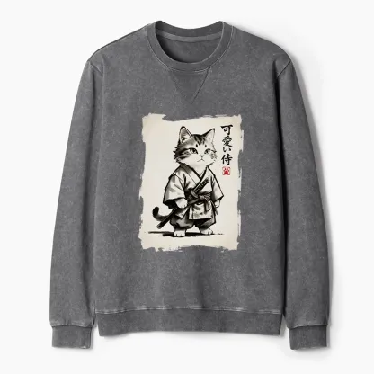Tokyo-Tiger Japanese Samurai Cat Illustration Washed Terry Sweatshirt