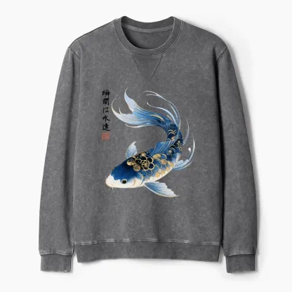 Tokyo-Tiger Elegant Koi Fish Watercolor Art Washed Terry Sweatshirt