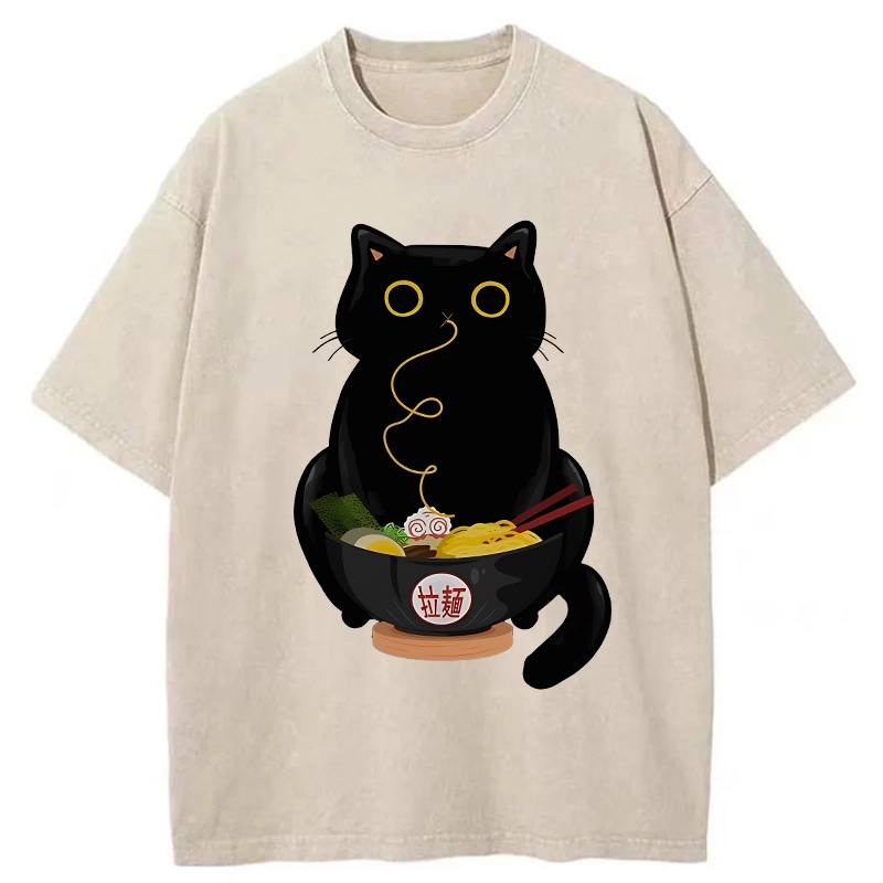 Tokyo-Tiger Ramen-Loving Cat Washed T-Shirt