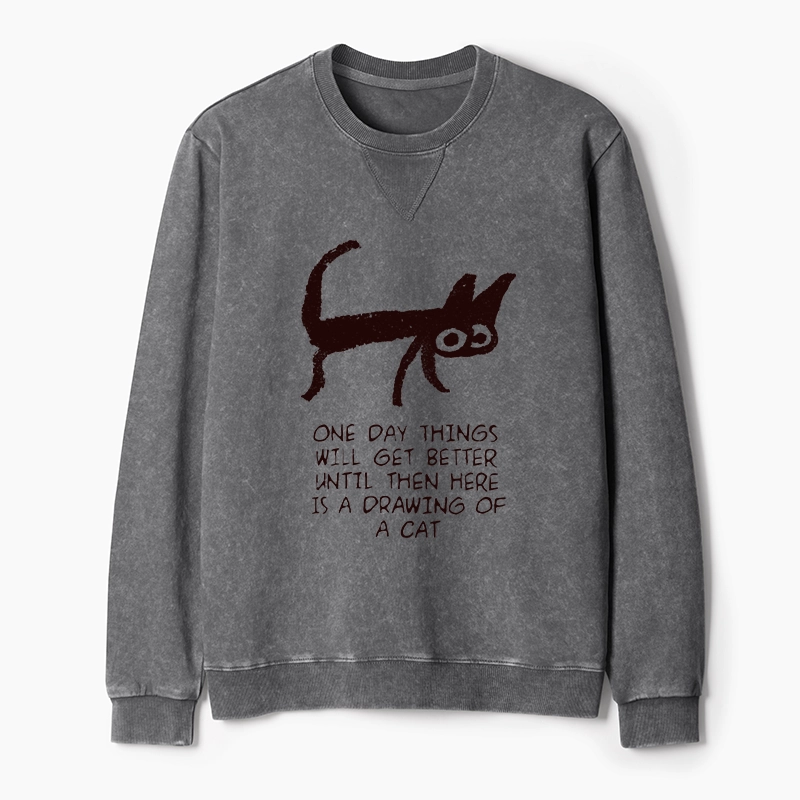 Tokyo-Tiger Cat Cheer Up Drawing Washed Terry Sweatshirt