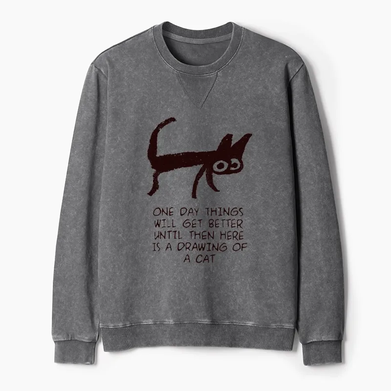 Tokyo-Tiger Cat Cheer Up Drawing Washed Terry Sweatshirt