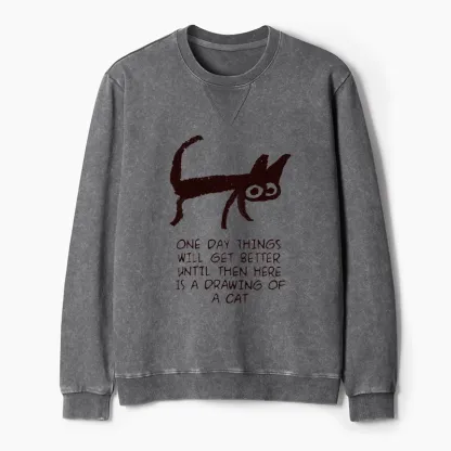 Tokyo-Tiger Cat Cheer Up Drawing Washed Terry Sweatshirt