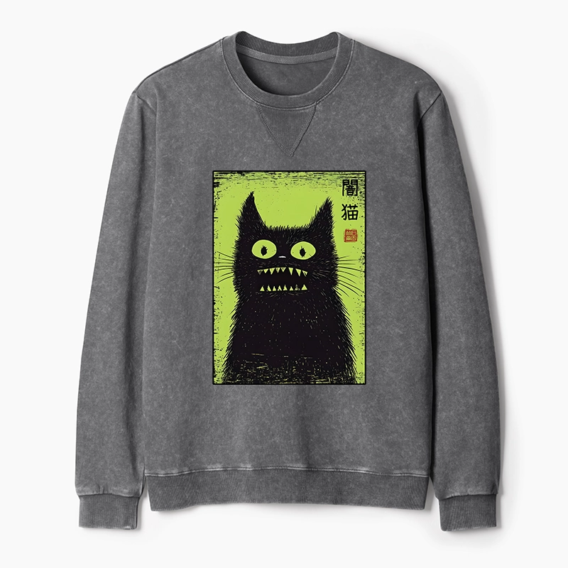 Tokyo-Tiger Spooky Black Cat Japanese Washed Terry Sweatshirt