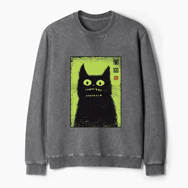 Tokyo-Tiger Spooky Black Cat Japanese Washed Terry Sweatshirt