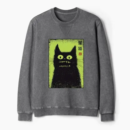 Tokyo-Tiger Spooky Black Cat Japanese Washed Terry Sweatshirt