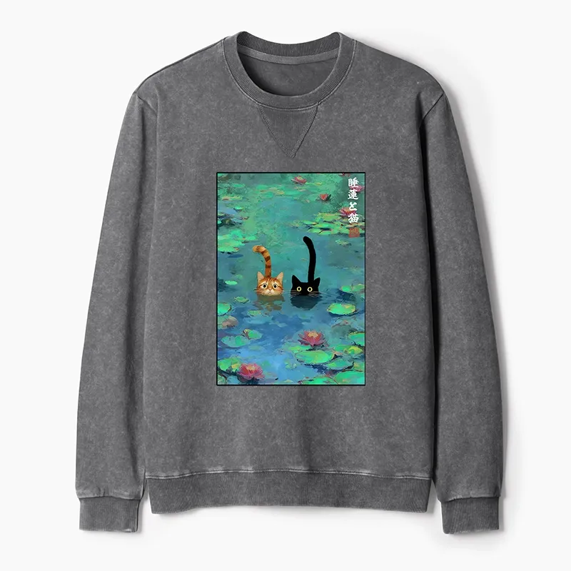 Tokyo-Tiger Funny Cats Swimming In Lilies Washed Terry Sweatshirt Sale