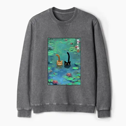 Tokyo-Tiger Funny Cats Swimming In Lilies Washed Terry Sweatshirt