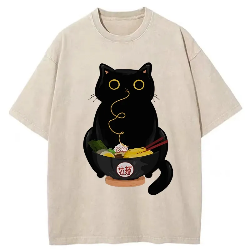 Tokyo-Tiger Ramen-Loving Cat Washed T-Shirt