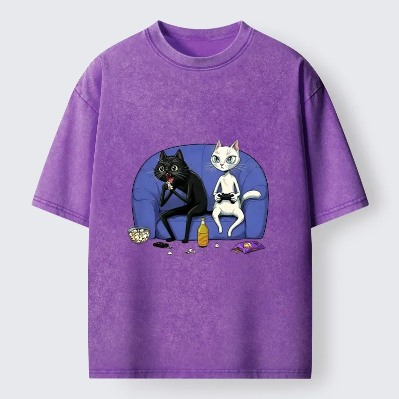 Tokyo-Tiger Two Cats One Couch Endless Fun Washed T-Shirt