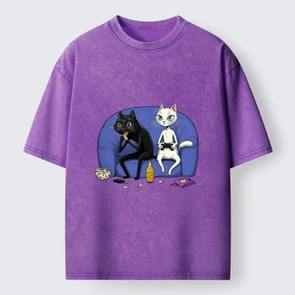 Tokyo-Tiger Two Cats One Couch Endless Fun Washed T-Shirt