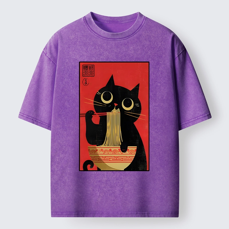 Tokyo-Tiger Cat Eats Ramen Like A Pro Washed T-Shirt
