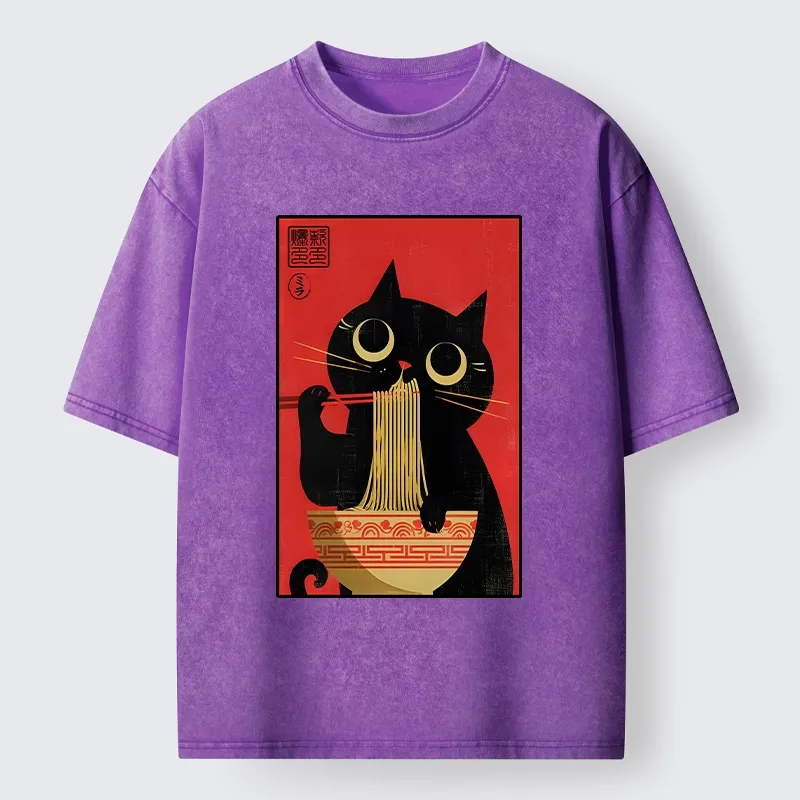 Tokyo-Tiger Cat Eats Ramen Like A Pro Washed T-Shirt