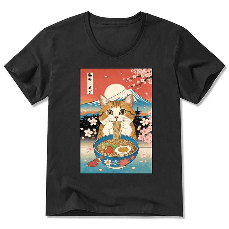 Tokyo-Tiger Funny Orange Cat Eating Ramen Japan V-Neck Classic T-Shirt