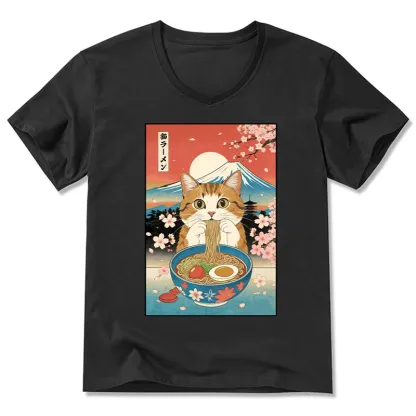Tokyo-Tiger Funny Orange Cat Eating Ramen Japan V-Neck Classic T-Shirt