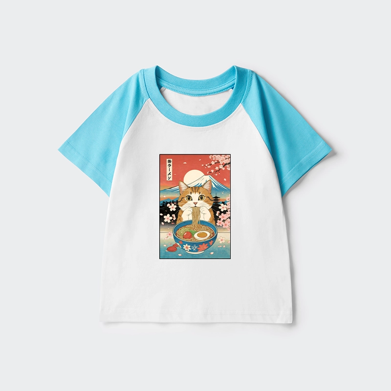Tokyo-Tiger Funny Orange Cat Eating Ramen Japan Kids Raglan T-shirt
