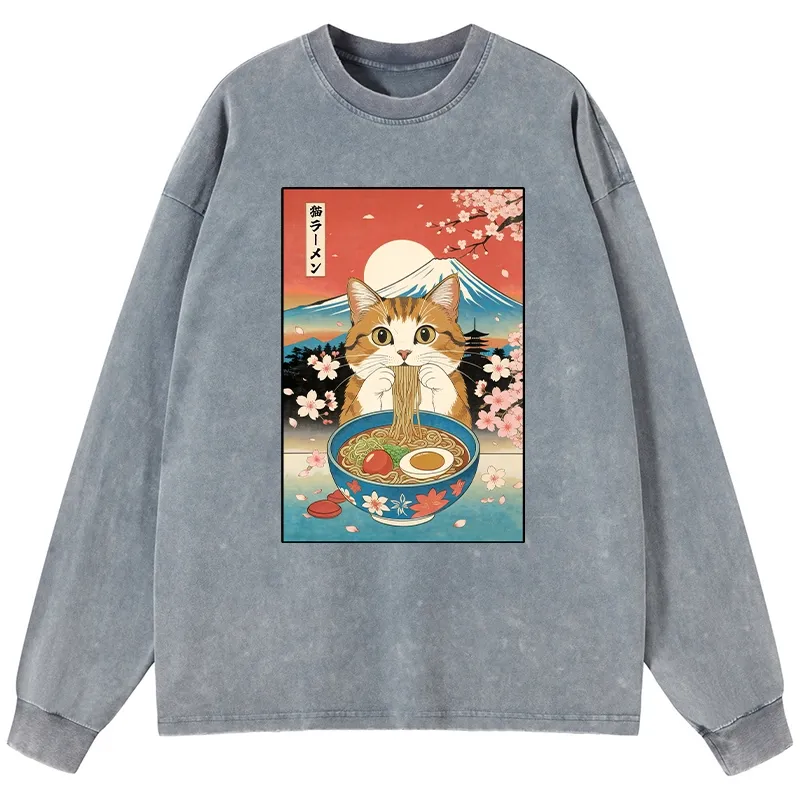 Tokyo-Tiger Funny Orange Cat Eating Ramen Japan Washed Long Sleeve T-Shirt Sale