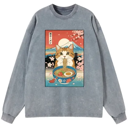 Tokyo-Tiger Funny Orange Cat Eating Ramen Japan Washed Long Sleeve T-Shirt