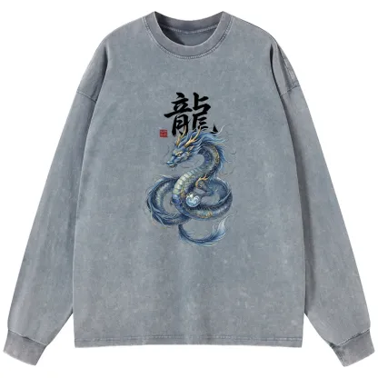 Tokyo-Tiger Mythic Blue Dragon Washed Long Sleeve T-Shirt