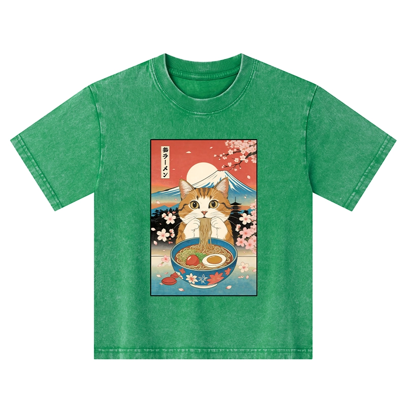 Tokyo-Tiger Funny Orange Cat Eating Ramen Japan Kids Washed T-Shirt
