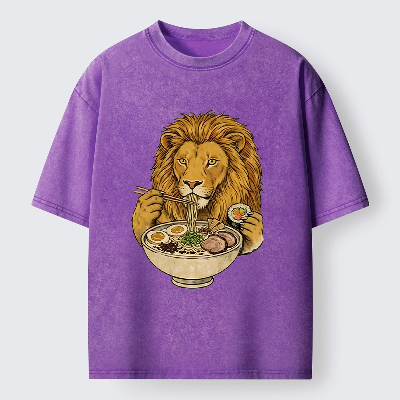 Tokyo-Tiger King Lion Enjoying Ramen Dinner Washed T-Shirt