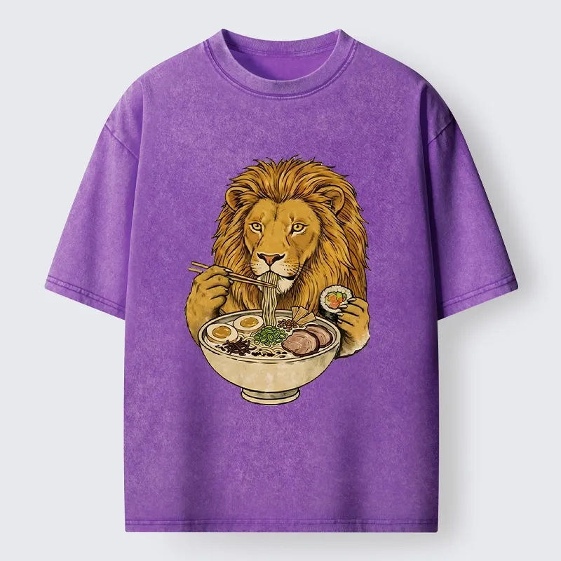Tokyo-Tiger King Lion Enjoying Ramen Dinner Washed T-Shirt