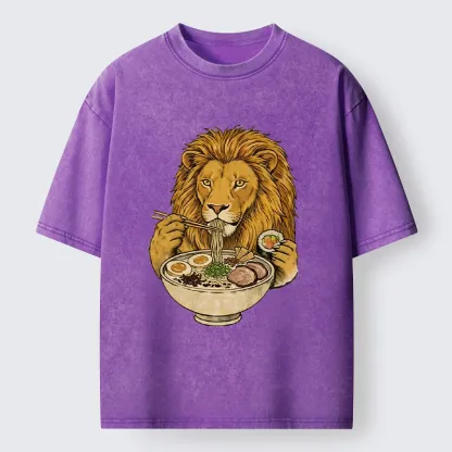 Tokyo-Tiger King Lion Enjoying Ramen Dinner Washed T-Shirt