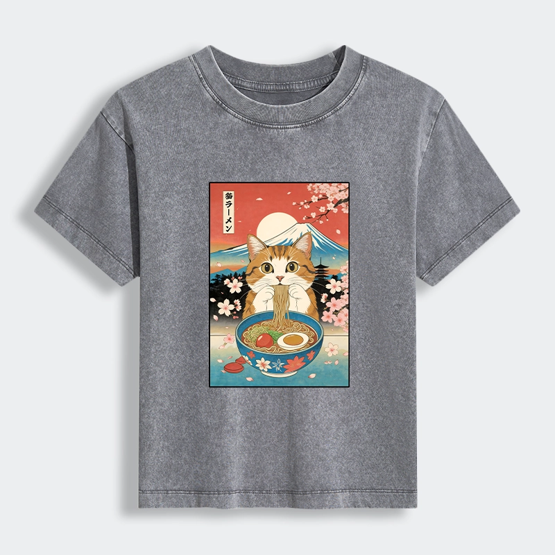 Tokyo-Tiger Funny Orange Cat Eating Ramen Japan Women's Washed T-shirt