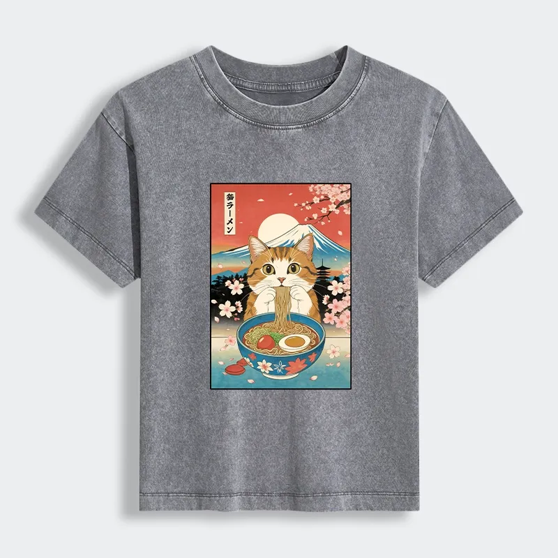 Tokyo-Tiger Funny Orange Cat Eating Ramen Japan Women's Washed T-shirt Sale