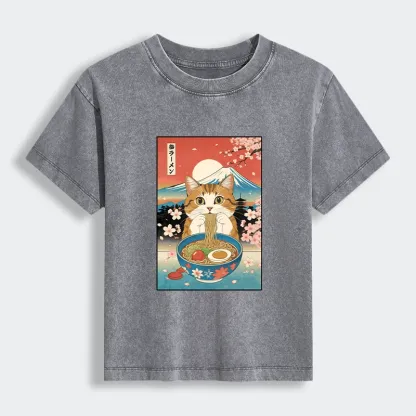 Tokyo-Tiger Funny Orange Cat Eating Ramen Japan Women's Washed T-shirt