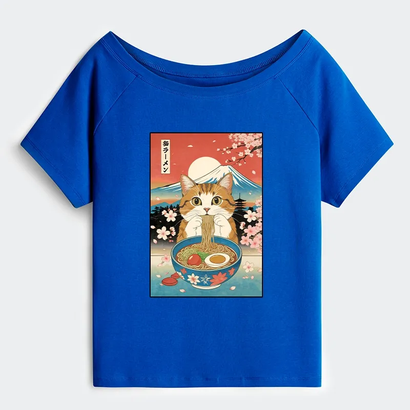 Tokyo-Tiger Funny Orange Cat Eating Ramen Japan Off Shoulder T-Shirt