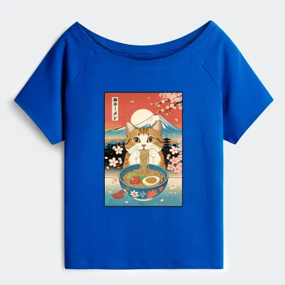 Tokyo-Tiger Funny Orange Cat Eating Ramen Japan Off Shoulder T-Shirt