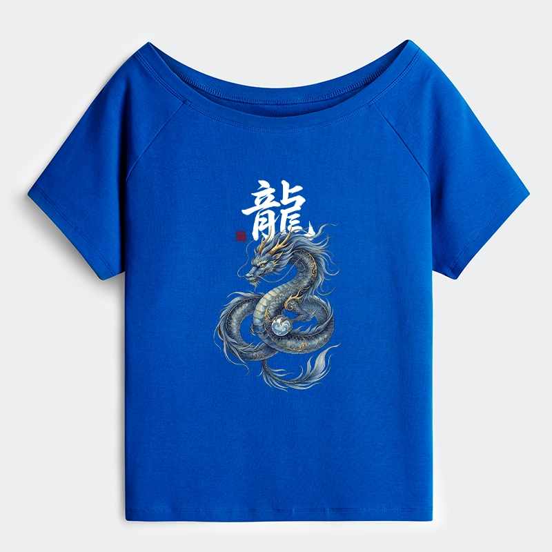 Tokyo-Tiger Mythic Blue Dragon Off Shoulder T-Shirt