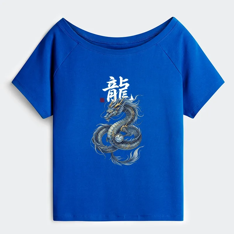 Tokyo-Tiger Mythic Blue Dragon Off Shoulder T-Shirt