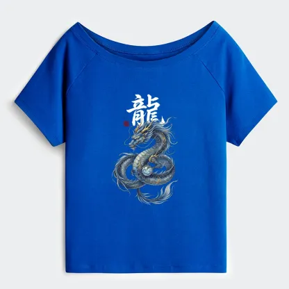 Tokyo-Tiger Mythic Blue Dragon Off Shoulder T-Shirt