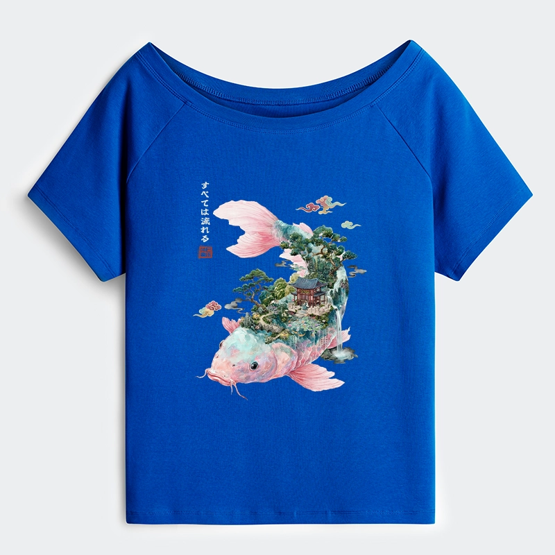 Tokyo-Tiger Journey Of The Flowing Koi Off Shoulder T-Shirt