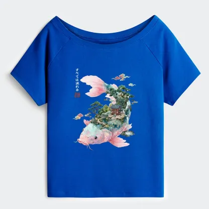 Tokyo-Tiger Journey Of The Flowing Koi Off Shoulder T-Shirt