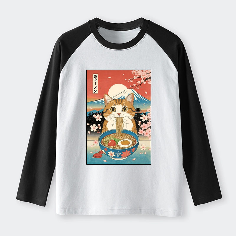 Tokyo-Tiger Funny Orange Cat Eating Ramen Japan Raglan Long Sleeve T-shirt
