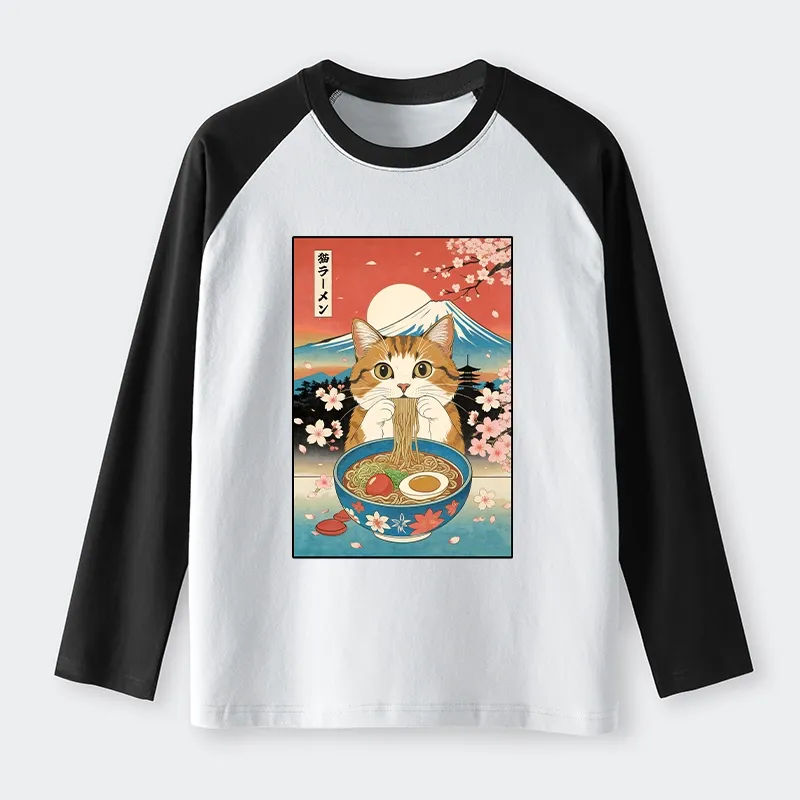 Tokyo-Tiger Funny Orange Cat Eating Ramen Japan Raglan Long Sleeve T-shirt